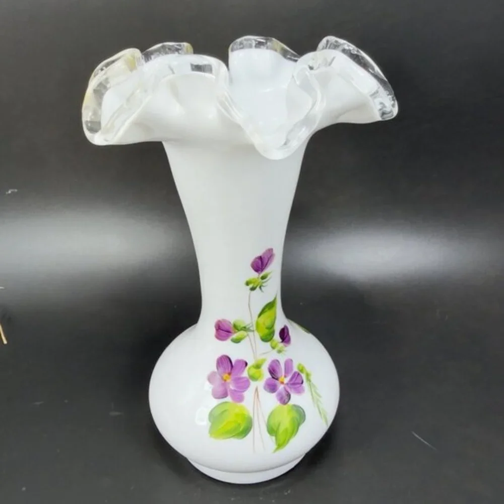 Fenton Hand Painted Violet Flowers Art Glass Vase‎ Vessel Ruffled Top Vintage